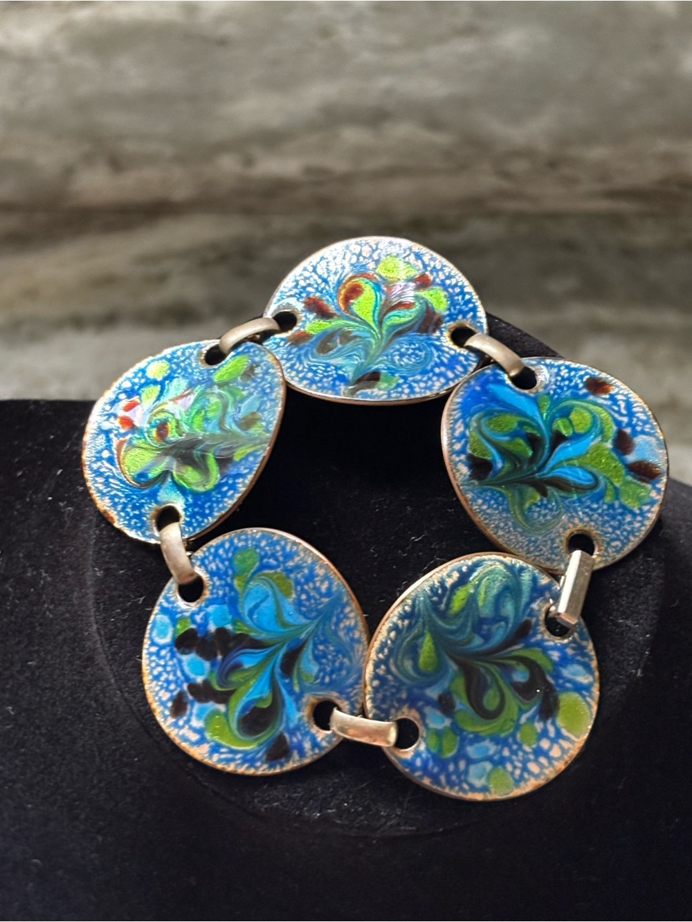 Vintage Mid-Century Inga Carlson Signed Enamel on Copper Link Bracelet